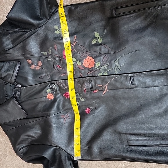 Black Leather Jacket and Skirt Set with Floral Embroidery - Picture 5 of 16